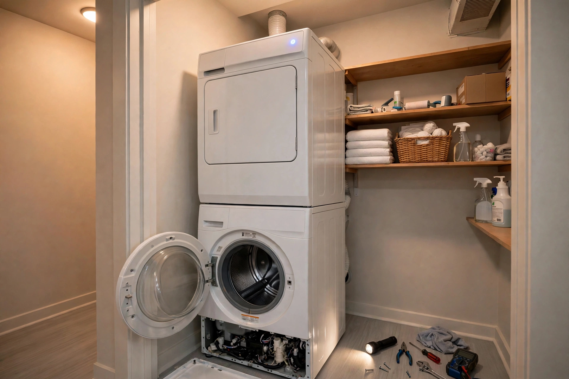 Before photo,  Stacked Laundry Repair in White Marsh, by Bowie Appliance Repair Company